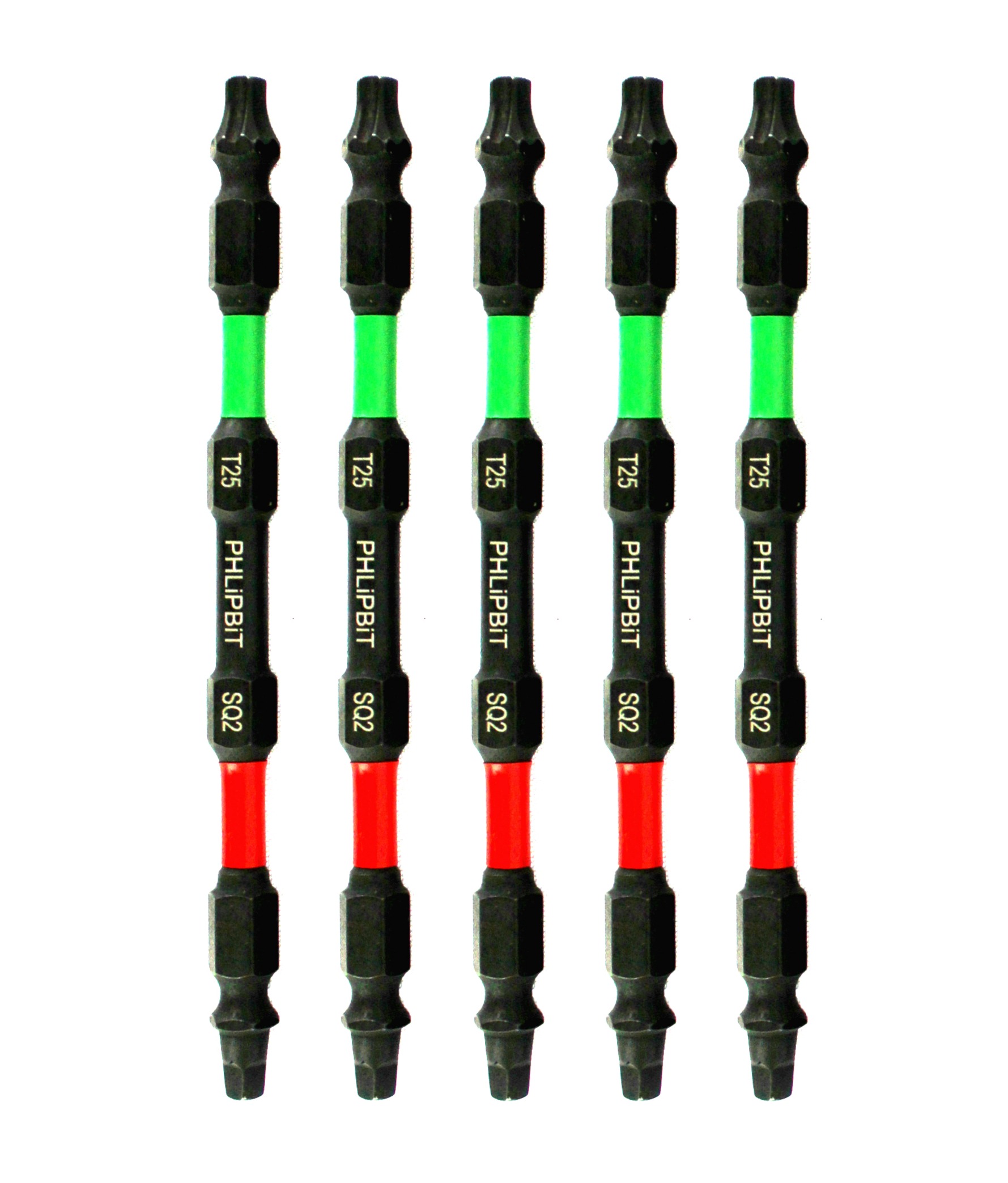 PHLiPBiT SQ1+SQ2 Impact Bits – 6 Inch Double End, 1/4 Quick Connect, 5-Pack, Green/Red For #4/6/8/10 Square & Roberson Screws